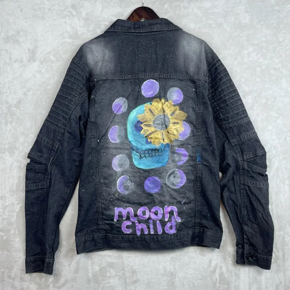 Southpole Denim Jacket Men's XL Acid Wash Hand Painted Moon Child Grungecore